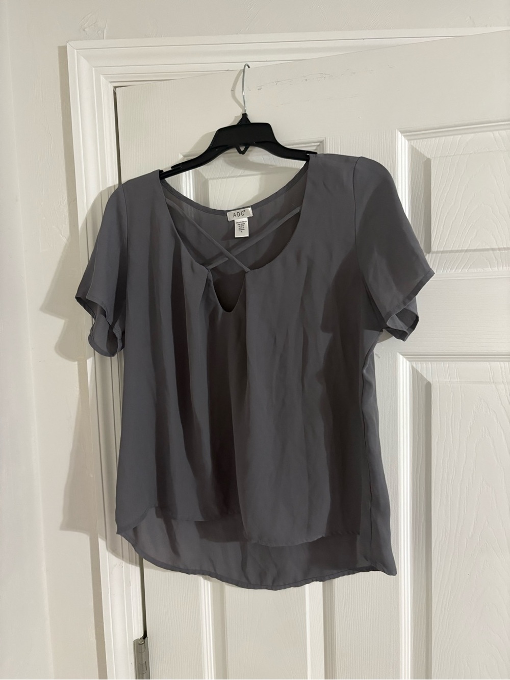 A New Day Gray Crisscross Neck Short Sleeve Blouse
